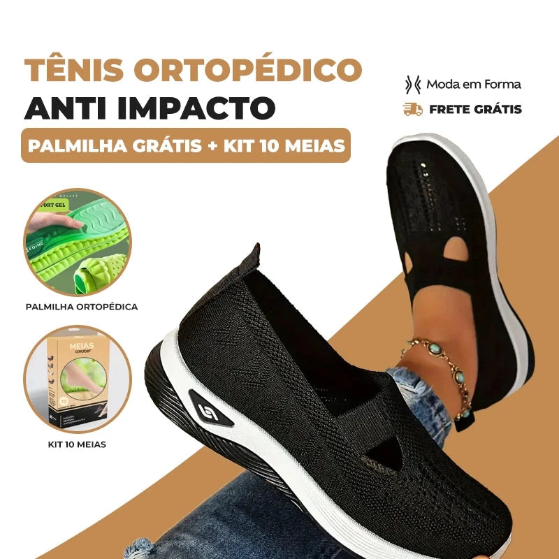 Tênis Ortopédico Ultra Comfort Calce Fácil + Palmilha e Kit 10 Meias Ortopédica Grátis